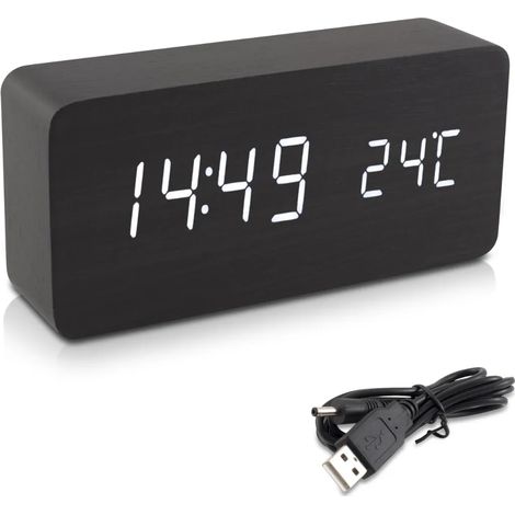Réveil numérique kwmobile aspect bois - Affiche l'heure, la température et la date - Réveil avec câble USB, noir avec LED blanches (1/5)