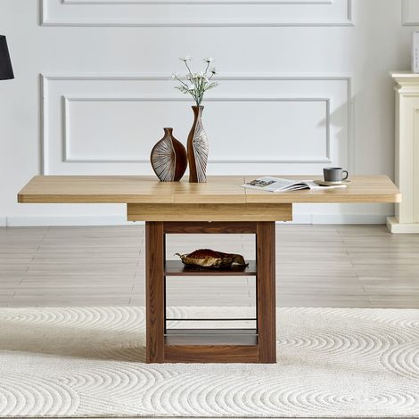 Table à manger extensible effet bois avec rangement, deux tailles 130 cm/160 cm, structure en MDF couleur noyer, avec étagères intégrées, adaptée aux petits appartements et pour 4 à 8 personnes. (1/5)
