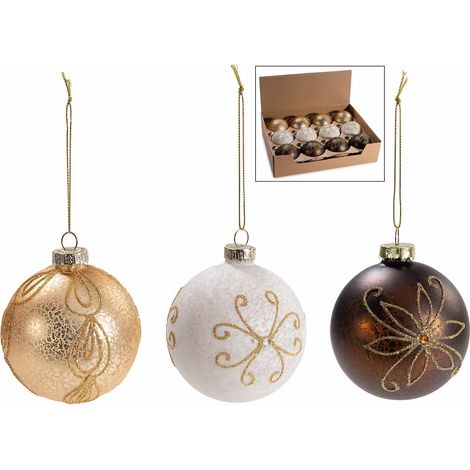 Palline di Natale vetro lavorato con decori da appendere, in espositore da 12 pezzi, set da 12 pezzi, Ø 8 cm