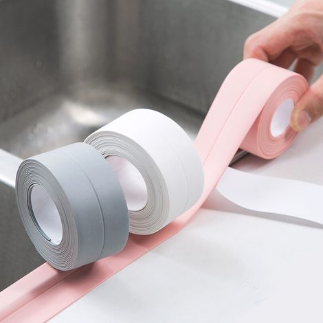 Cinta adhesiva impermeable en forma de T para cocina, recortable, para pared, sellado, bordes de fregadero, acabado estético, 2,2 cm x 3,2 m, color blanco. (1/5)