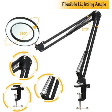 Lampe Loupe, Lampe de Bureau avec Loupe 8X et LED, LOupe Eclairante avec Pince en Métal et Bras Pivotant Réglable, 3 Modes de Couleur,10 Niveaux de Luminosité pour Artisanat, Réparation