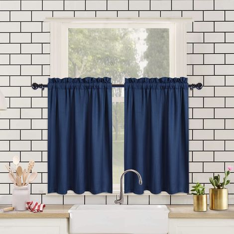 Kitchen Curtain - Seersucker Waterproof - Navy, 30"x24" Set of 2 - for Kitchen, Window, Home (1/5)