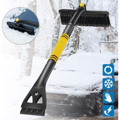Voiture grattoir à glace grattoir grattoir grattoir pelle à neige avec tête de brosse 360 ° brosse à neige amovible avec poignée en mousse pour voitures camion SUV pare-brise-Fei Yu (1/5)