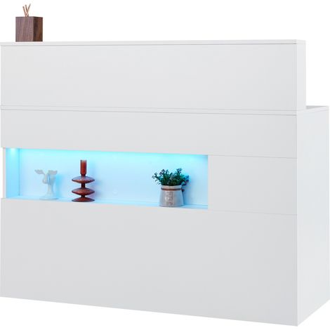 Mophorn Banco Reception 1200 x 475 x 1000 mm Tavolo Rettangolare con Luce LED, 2 Cassetti e Prese, Ideale per Cassa, Hall, Salone di Bellezza e Ufficio, Bianco (1/5)
