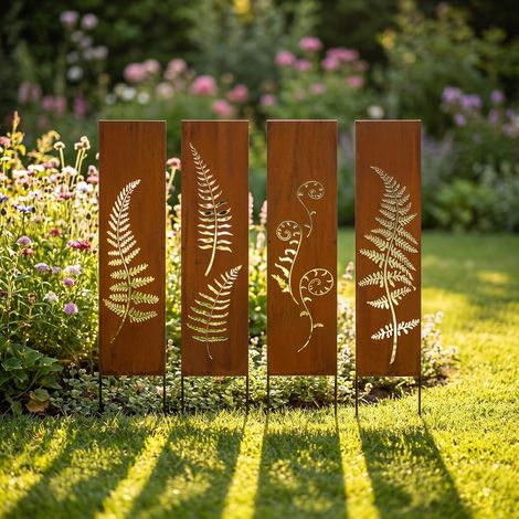 Brise-vue en métal - 4 x - 11 cm x 44 cm - Aspect rouille patiné - Brise-vue pour jardin - Pare-vue - Décoration de jardin (1/5)