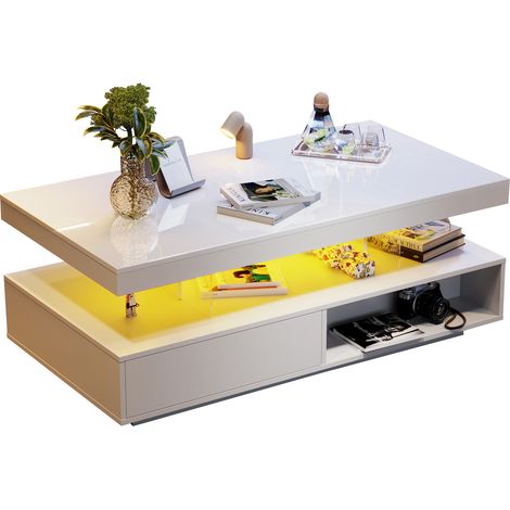 Table basse blanche brillante 95x50x42,5 cm - avec 4 plaques de verre, 2 tiroirs et 2 compartiments ouverts, meuble bas pour salon