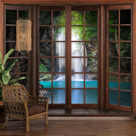 Papier peint panoramique Trompe l'oeil Fenêtre en bois - Cascades - 195 cm x 156 cm (1/5)