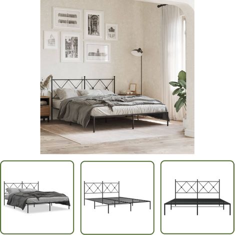 The Living Store Bettgestell mit Kopfteil Metall Schwarz 160x200 cm - Metallbettfundament - Doppelbettgestell - Boxspringrahmen - Schwarzes Bettgestell - Stabiles Bettgestell (1/5)