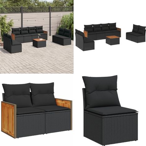 Set Divani da Giardino 9 pz con Cuscini Nero in Polyrattan - Poltrone da giardino - Cuscini da seduta