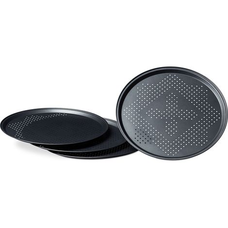 Set di 4 teglie da forno rotonde perforate 1,3 x 32 x 32 cm pulizia facile cottura ottimale in ferro nero 130005208