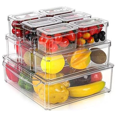 Lot de 10 Organiseur Frigo Cusine, Boite Rangement Plastique Frigo, Boîte de Bac Rangement Frigo Transparent avec Couvercle, Bac Rangement Frigo pour Réfrigérateur, Cuisine, Armoires (1/5)