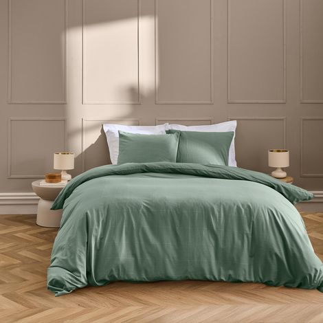 Parure Linella Ivoire - Housse de Couette avec Fermeture Pression Discrète + 2 Taies d’Oreiller - 100% Coton Lavé - Oeko-Tex - 240x220cm - Sauge (1/5)