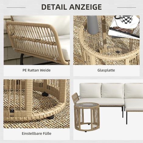 Ensemble de jardin en rotin avec chaise longue, table basse, canapé deux places et coussins crème pour terrasse et balcon. (1/5)