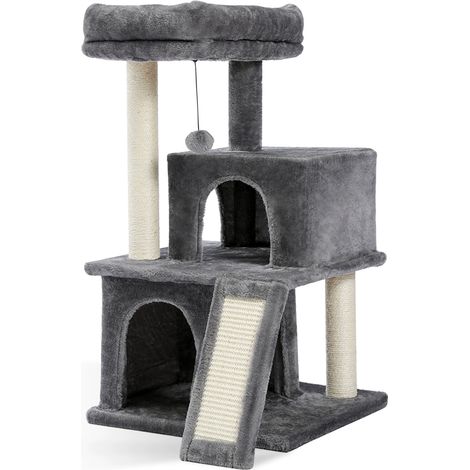 Pawz Road – Arbre à chat 86 cm avec 2 condos douillets – Griffoir en sisal naturel – Perchoir moelleux et pompons suspendus – Pour chats de taille moyenne (1/5)