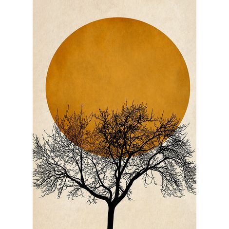 Papier peint panoramique arbre noir Tapisserie panoramique couché de soleil Papiers peints panoramiques oranges et beiges pour chambre (1/2)