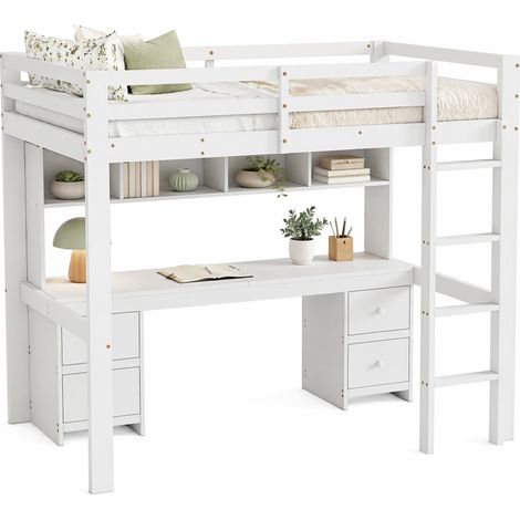 Letto a soppalco per bambini 90x200 cm in pino e MDF bianco con scrivania - CHICFURN