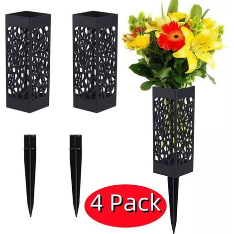 Lot de 4 vases noirs pour cimetière avec trous de drainage, porte-fleurs commémoratifs pour pierres tombales - Vase à fleurs avec (1/4)