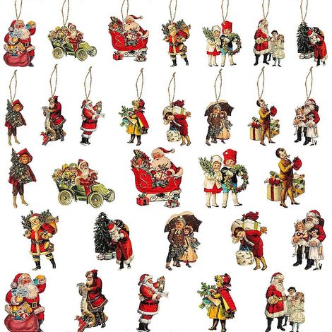 45 décorations de Noël en bois de style victorien, pendentifs et ornements vintage représentant le Père Noël et les enfants, à suspendre pour la maison, la porte ou la fenêtre, pour une fête de Noël. (1/5)