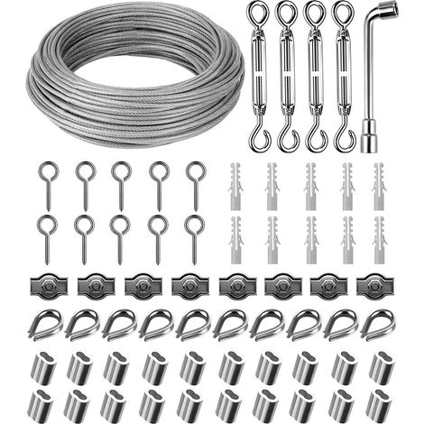 30M 304 Stainless Steel Rope Cable Hanging Kit, 3 mm Coated Stainless Steel Cable with Clothes Line Tensioner and Hooks, for Lighting, Climbing Plants, Clothesline (1/5)