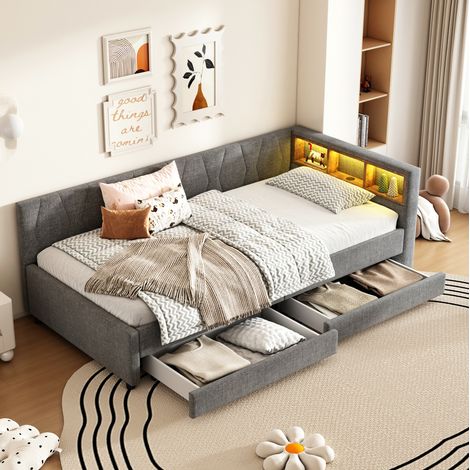 Cama Individual 90x200 Cm Estructura Cajones Tela Gris (1/5)