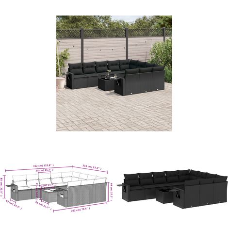 11-tlg. Garten-Sofagarnitur mit Kissen Schwarz Poly Rattan - Gartenmöbel - PE-Rattan Möbel - Outdoor Lounge Set - Sofasatz - Esszimmerset - Home & Living (1/3)