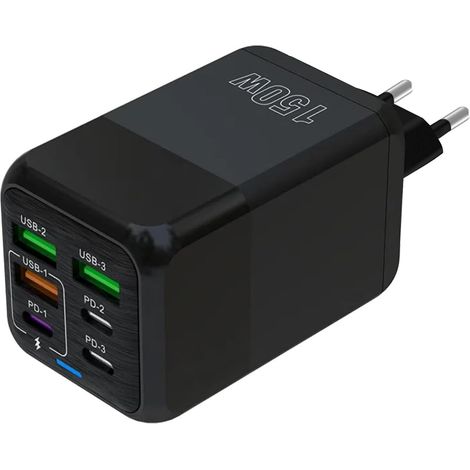 2PCS Chargeur USB C, 150W 6 Ports USB C Prise de Charge Rapide, Chargeur à 6 Ports (Port 3PD Type C + Port USB A 3QC), Compatible avec iPhone 11/12/13/14/15 series/XS/XR/8/iPad(Noir,EU) (1/5)