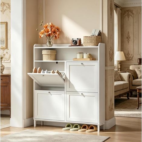 Zapatero 100/19,5/107 cm blanco con 4 puertas abatibles y diseño estrecho (1/4)
