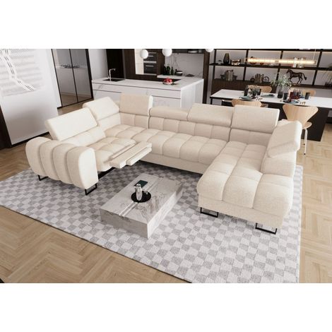Wohnlandschaft Schlafsofa BASTIEN RELAX in Stoff Aragon Creme Ottomane Rechts