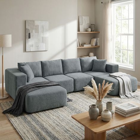 Canapé d'angle modulable en tissu velours et mousse avec coussins, 294x165x70 cm, gris anthracite (1/5)