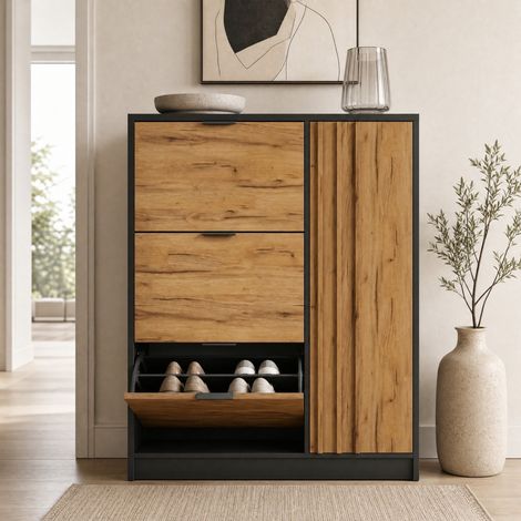 Scarpiera 100x30x130 cm, con 3 ribalte e 1 vano con anta, MDF, naturale e nero (1/5)
