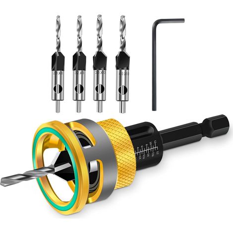 Set di 6 punte per trapano a testa svasata con arresto di profondità regolabile e chiave a L, perfette per progetti di lavorazione del legno, plastica e legno (dorate) (1/5)
