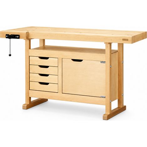 Établi bois Outifrance 1,50 m avec caisson de rangement intégré, 4 tiroirs, 1 porte et presse avant horizontale