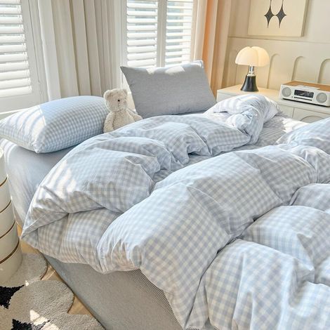 Housse de Couette 220x240 Vichy à Carreaux Bleu Blanc Parure de Lit Adulte 2 Personnes Microfibre Moderne Sets de Housses de Couettes avec Fermeture éclair et 2 Taies d'oreiller 65x65 cm (1/5)