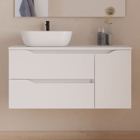 Meuble de salle de bain 100cm avec plateau et vasque à poser déportée à gauche Zeus - sans miroir - 2 tiroirs et un placard - blanc - ZARZA