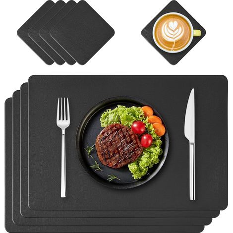 Platzsets und Untersetzer aus PU-Leder, schwarz, 4-teiliges Set, waschbar und wasserdicht, geeignet für Küchen, Restauranttische im Innen- und Außenbereich. (1/5)