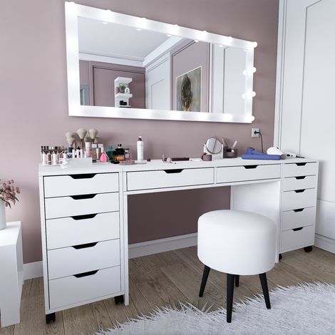 Toiletta Lagunare, Mueble de Tocador con Espejo, 12 Cajones, Luces Incluidas, 200x55x77h cm Blanco (1/5)