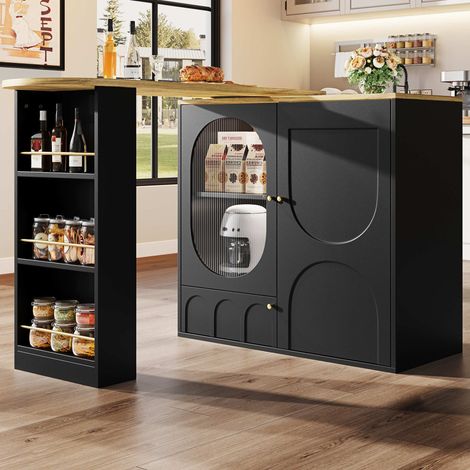Îlot de cuisine pivotant 360° blanc et noir 138 cm, bar avec rangement, table haute extensible, meuble cuisine avec portes et étagères (1/5)