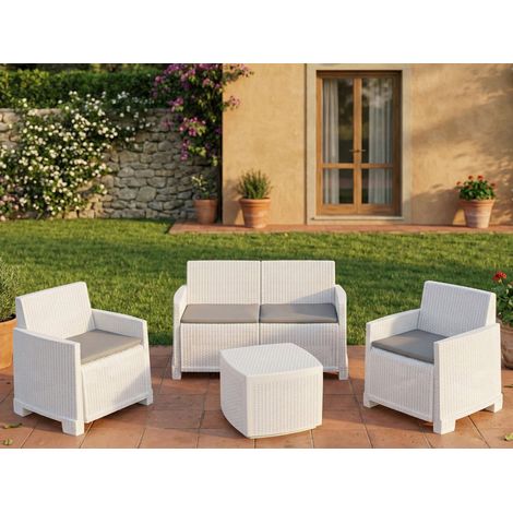 Dmora - Lounge-Set für draußen Peschici, Garten-Set mit 2 Sesseln, 1 Sofa und 1 Aufbewahrungstisch, Rattan-Effekt mit Kissen, 100 % Made in Italy, Weiß, mit verstärkter Verpackung (1/3)