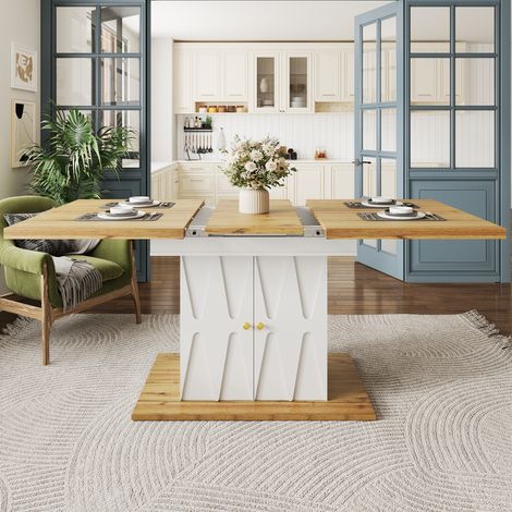 Mesa extensible de comedor MDF y metal blanca 110-140x70x76,5 cm con almacenaje integrado