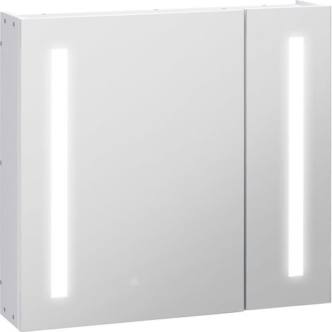 LED-beleuchteter Badezimmer-Spiegelschrank zur Wandmontage mit 2 Türen und 3 Ablagen, weiße Aufbewahrungseinheit 70x15x65 cm, beleuchtete Wandeinheit.