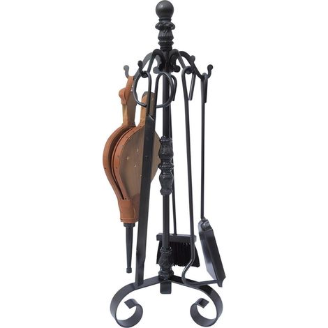 Serviteur de cheminée en fer forgé noir – Ensemble 5 outils – Hauteur 72 cm – Pince coupe-feu, pelle, brosse, soufflet – Visiodirect