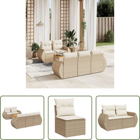 Gartentisch - 6-tlg. Garten-Sofagarnitur mit Kissen Beige Poly Rattan (1/5)