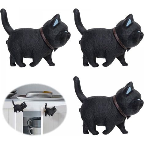 (3 Pièces) Bouton de Porte, Poignee de Meuble en Caoutchouc Souple PVC en Forme de Chat Noir, Tête de Chat Noire Rotative, Bouton de Meuble Adaptés Aux Armoires, Tiroirs, Chambres D'enfants (1/5)