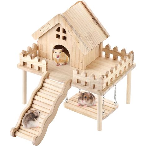 Hamsterhaus aus Holz mit Plattform, Rampe und Schaukel – Spielset aus Naturholz für syrische Zwerghamster, Rennmäuse, Mäuse und andere Kleintiere – Käfigzubehör