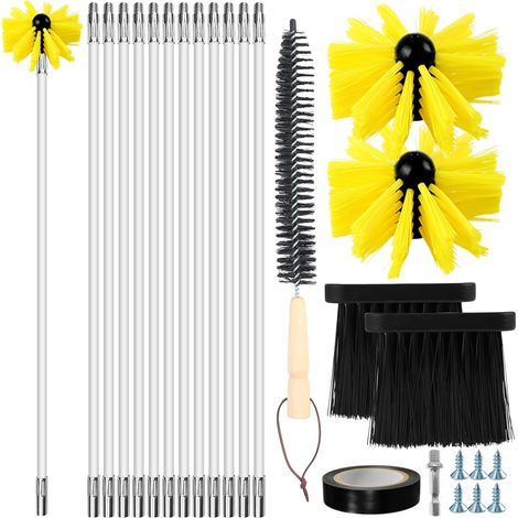 18 Pièces Kit Ramonage, 12 Tiges 41cm, 2 Têtes Brosse 10cm, Accessoire Conduit, Cheminée