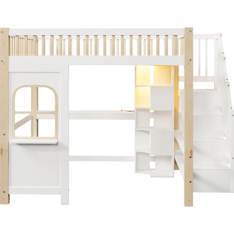 Cama alta 140x200 cm con LED, escritorio, almacenaje y escalera blanco natural (1/5)