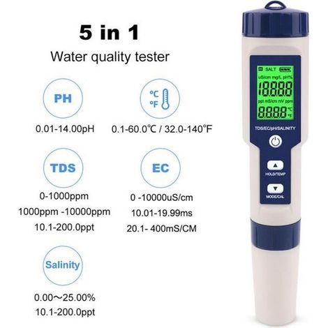 Testeur de qualité de l\'eau 5 en 1 - VVIKIZY - EZ-9909 - PH, TDS, EC, Salinité-Ywey (1/5)