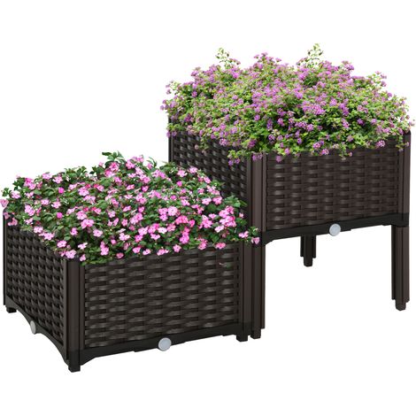 Outsunny Hochbeet, Pflanzkasten mit Abflusslöchern, Blumenkasten im Rattan-Look, Kunststoff, Braun, 40 x 40 x 44 cm