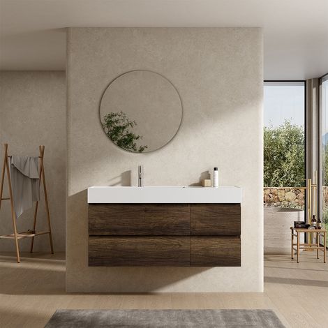 Mobile bagno sospeso 120 cm Bruno Scuro Lavabo a Sinistra in Resina Specchio Tondo - Fiji Wood (1/4)