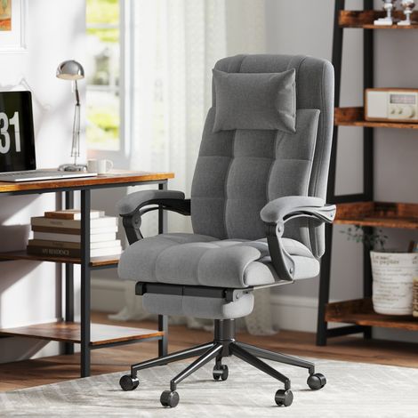 Poltrona da ufficio ergonomica reclinabile con funzione massaggio e riscaldamento, regolabile in altezza (112-120 cm), in tessuto effetto lino, colore grigio.